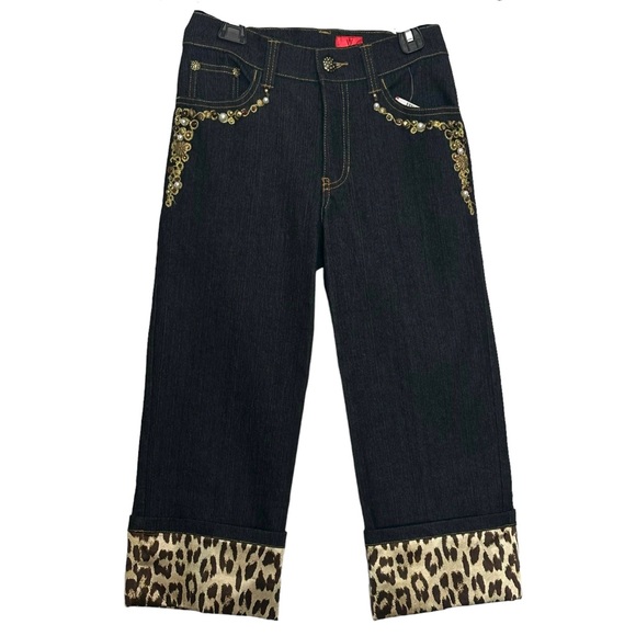 V Cristina Denim - V Cristina Jeans Cropped 2P Black Beaded Cheetah Print Satin Hem